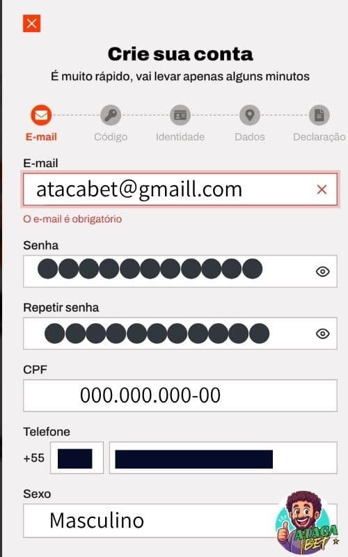 Método de cadastro da BetWarrior no celular e tela de registro