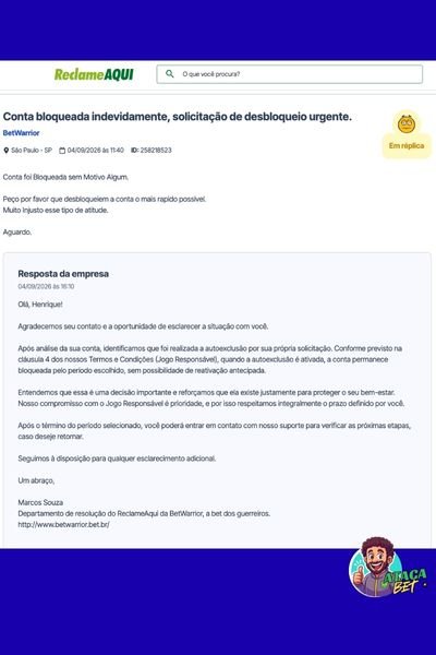 Reclamação da BetWarrior e resposta da empresa no Reclame AQUI